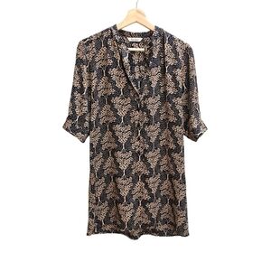 Oversized Small Tucker Silk Tunic Blouse Tree Print Boho Whimsigoth Brown/Black